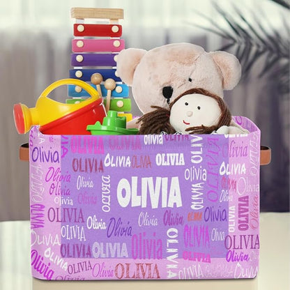 Personalized Foldable Storage Basket with Name, Laundry Hamper Dirty Clothes Pet Toys Storage Bin with Handles for Shelf Home Closet Kitchen, Purple and Pink Background