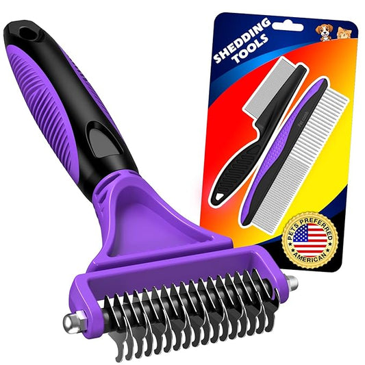 3PCS Pet Grooming Rake & Metal Comb & Flea Comb for Cats and Dogs, Double-Sided Dematting Tool, Extra-Wide Deshedding Dog Brush for Long Hair to Effectively Remove Tangles, Knots and Mats (Purple)