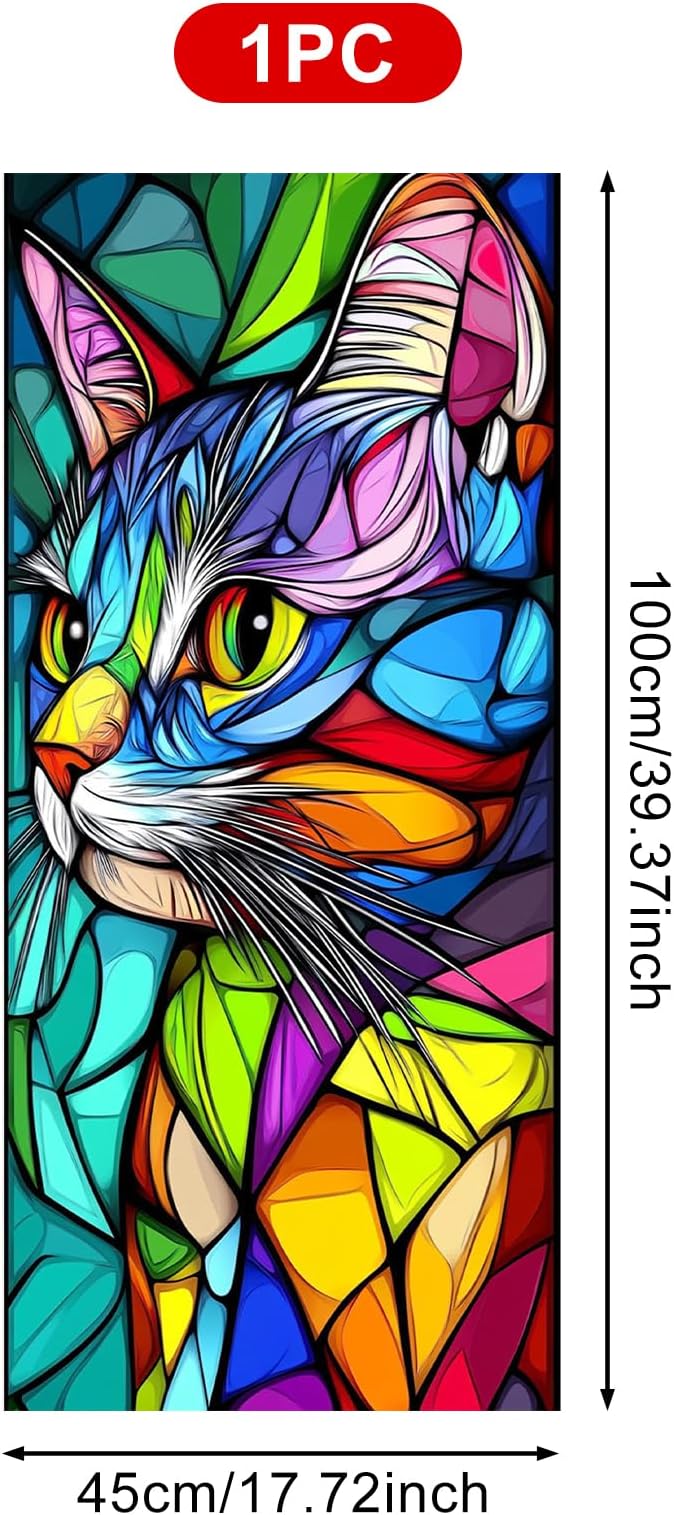 Stained Glass Window Film 17.7 x 39.3 Inch Colorful Cat Window Privacy Film Stained Decals Static Cling Sun Blocking Decor for Home Office Windows Doors Glass Partitions 17.7x39.3 inch
