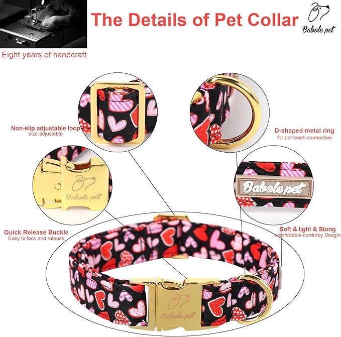 Valentines Dog Collar, Cute Heart Valentine Pet Collar with Metal Buckel, Durable Adjustable Holiday Dog Collars for Small Medium Large Dogs S
