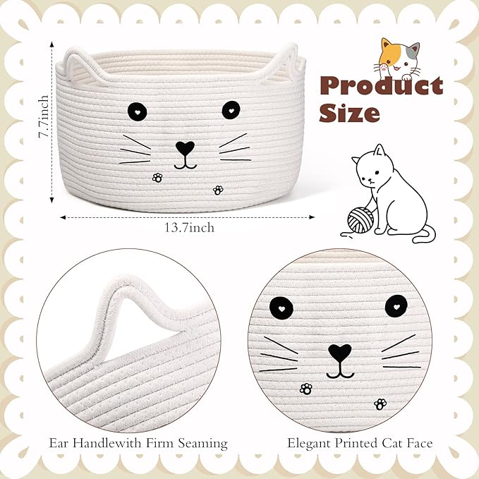 Zopeal Cat Basket Storage Woven Organizer with Ears Easter Decorative Pet Toy Cute Cotton Rope Basket for Gift Cat Dog Toy Bin Nursery Room(13.7 x 7.8 Inch,White)