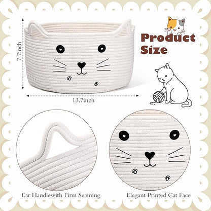 Zopeal Cat Basket Storage Woven Organizer with Ears Easter Decorative Pet Toy Cute Cotton Rope Basket for Gift Cat Dog Toy Bin Nursery Room(13.7 x 7.8 Inch,White)