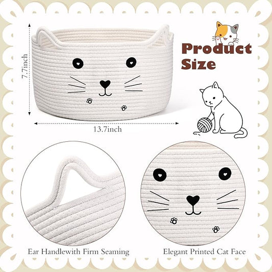 Zopeal Cat Basket Storage Woven Organizer with Ears Easter Decorative Pet Toy Cute Cotton Rope Basket for Gift Cat Dog Toy Bin Nursery Room(13.7 x 7.8 Inch,White)