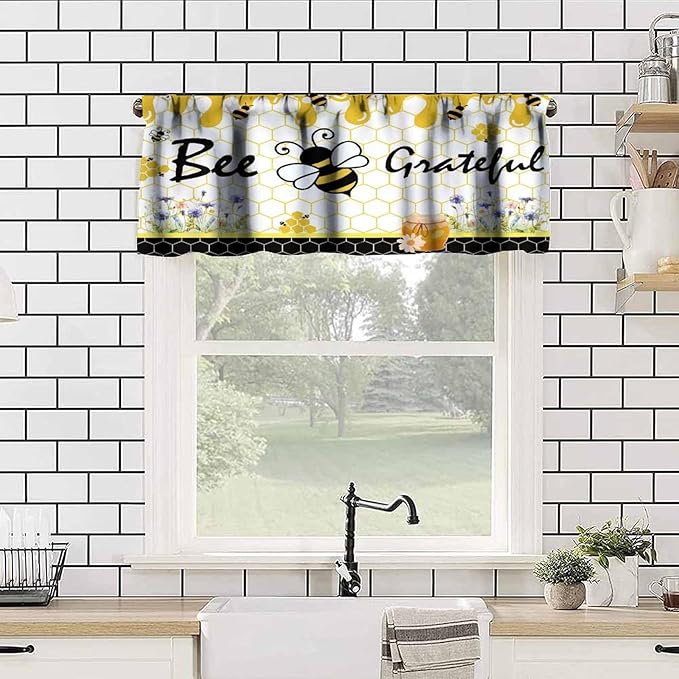 Rustic Bee Valances Curtain for Kitchen, Bees Spring Flower Yellow Black Honeycombs Window Treatment Valances Short Curtains Rod Pocket Drape for Dining Room Home Farmhouse Decor, 54x18inch