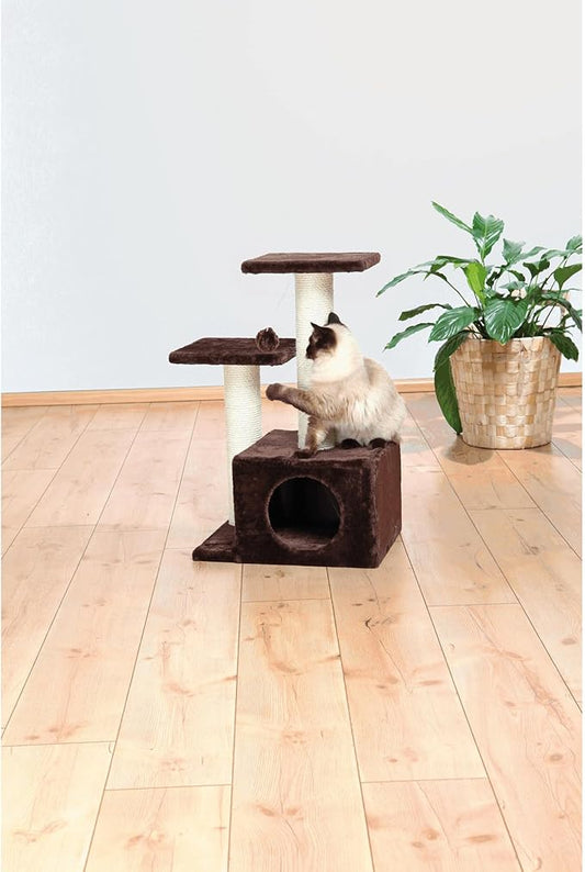 TRIXIE Valencia Scratching Post with Condo, Two Platforms, Dangling Cat Toy, Brown