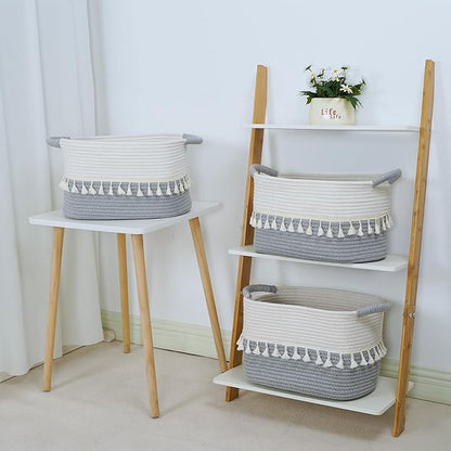 TeoKJ Storage Basket 3 Pack for Organizing, Cotton Rope Baskets for Toy, Clothes, Blankets, Decorative Basket for Living Room, Nursery, Bathroom, White & Gray