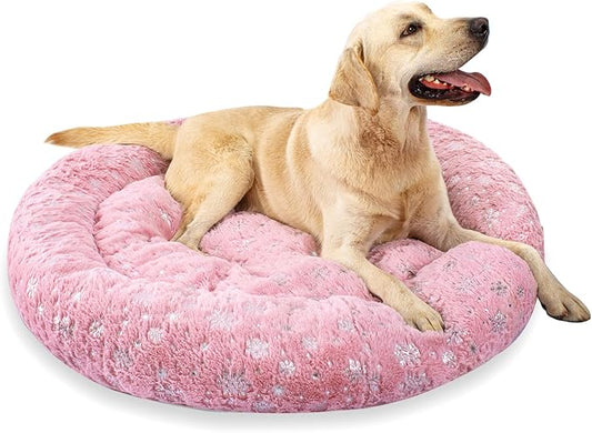 39 Inch Christmas Snowflakes Calming Dog Bed for Large Dogs, Round Anti-Anxiety Warm Bed, Soft Cozy Anti-Slip Donut Washable Pet Bed, Fits up to 100 lbs Pets
