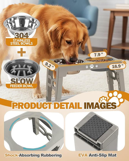 Elevated Dog Bowls with Mat, Non-Slip Dog Feeder with 1*Stainless Steel Dishes & 1*Slow Feeder Bowl, 5 Heights Adjustable Raised Bowls for 3.15″-8.66″-9.84″-11.02″-12.2″
