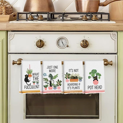 Hanamiya Na 4 Pcs Funny Cat Kitchen Towels, Plant Lover Gifts for Women Gardener Mom, Reusable Waffle Hand Towels for Bathroom Kitchen Home Farmhouse Decor, Cat Lover Gifts for Women, 24x14 Inch