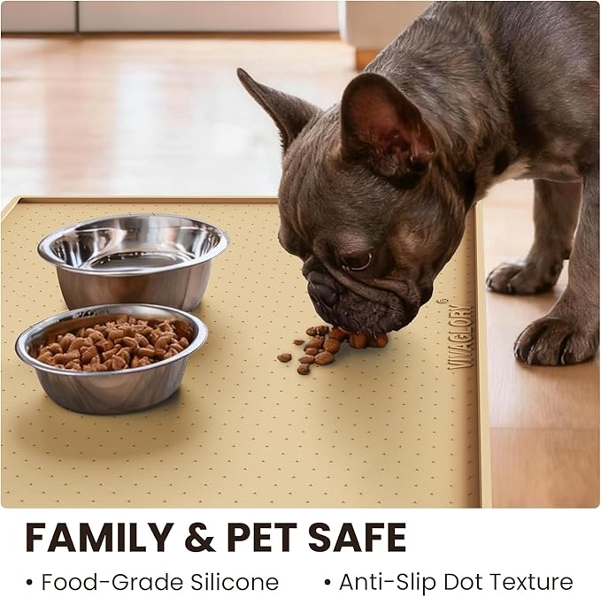 VIVAGLORY Dog Bowl Mat Grippymat Pet Food Mat, Waterproof Washable Nonslip Silicone for Pet & Cat, Food and Water Placemat with Lip & Raised Edges for Indoor Floor, S, Beige Yellow
