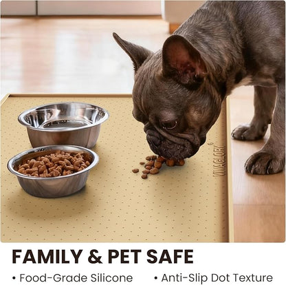 VIVAGLORY Dog Bowl Mat Grippymat Pet Food Mat, Waterproof Washable Nonslip Silicone for Pet & Cat, Food and Water Placemat with Lip & Raised Edges for Indoor Floor, S, Beige Yellow