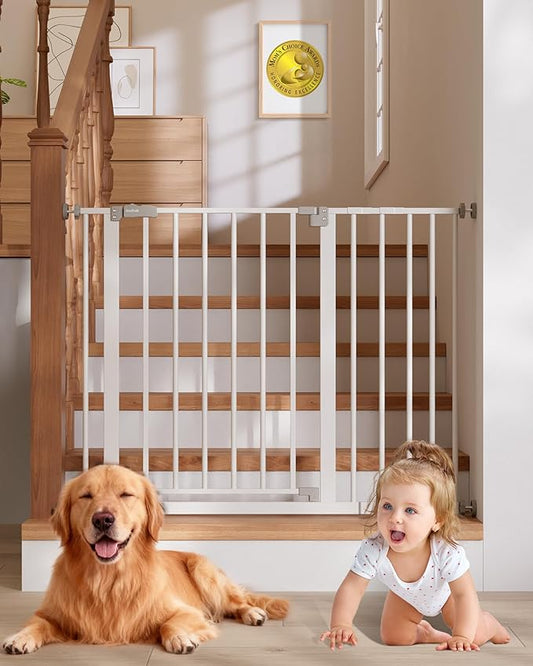 InnoTruth 29.5–40.75" Baby Gate for Stairs, 30" Tall Dog Gates for Doorways & Hallways, Safety Gate for Kids & Pets, Pressure-Mounted Walk-Through with Dual Lock & 2-Way Swing, White