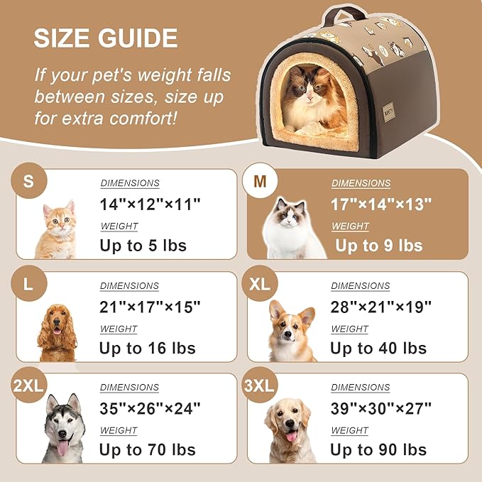 Jiupety Indoor Dog House, 2 in 1 Portable Foldable House Bed with Cover, Pet Tent & Cave Bed for Cats and Small Dogs, M(17"×14"×13"), Up to 9 Lb, Brown