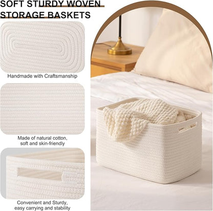 Storage Baskets for Organizing, Woven Decorative Baskets for Shelves - Books, Towels, and Clothes, Cotton Rope Toy Storage Bins, 12.7''Lx9''Wx7.8''H, Pack of 4, White