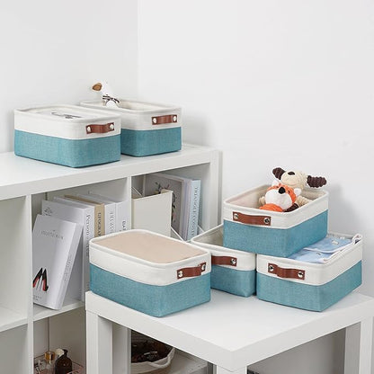 DULLEMELO Storage Baskets Bins for Organizing, Small Fabric Baskets for Shelves, Closets, Nursery, Home, Office, Empty Gift Baskets (6-Pack, White&Teal)