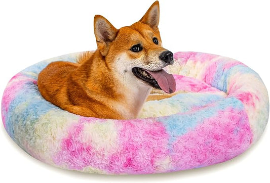 Calming Dog Bed for Medium Dogs Cats, Puppy 31'' Round Anti-Anxiety Warm Fluffy Plush Faux Fur Bed, Soft Anti-Slip Donut Washable, Cozy Medium Puppy Bed, Fits up to 50 lbs Pets
