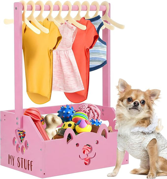 Chunful Dog Closet Wooden Pet Wardrobe Closet Dog Toy Storage Bin with Handle Pet Clothes Rack for Cat Organization and Storage Accessories, 19" x 13" x 9"(Pink)