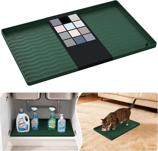 URMONA Waterproof Silicone Under Sink Mat 16'' x 10'' Shelf Liner for Kitchen and Bathroom, Cabinet and Counter Protector, Storage and Organizers, Litter Mat, Pet Cat Puppy Essentials(Green)