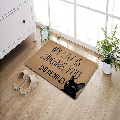 Funny Welcome Doormat (23.7 in X 15.6 in) Anti-Slip Rubber Back Entrance Way Indoor Front Porch Decor Rugs House Warming Gift (My Cat is Judging You So Please Be Nice Peeking Cats)