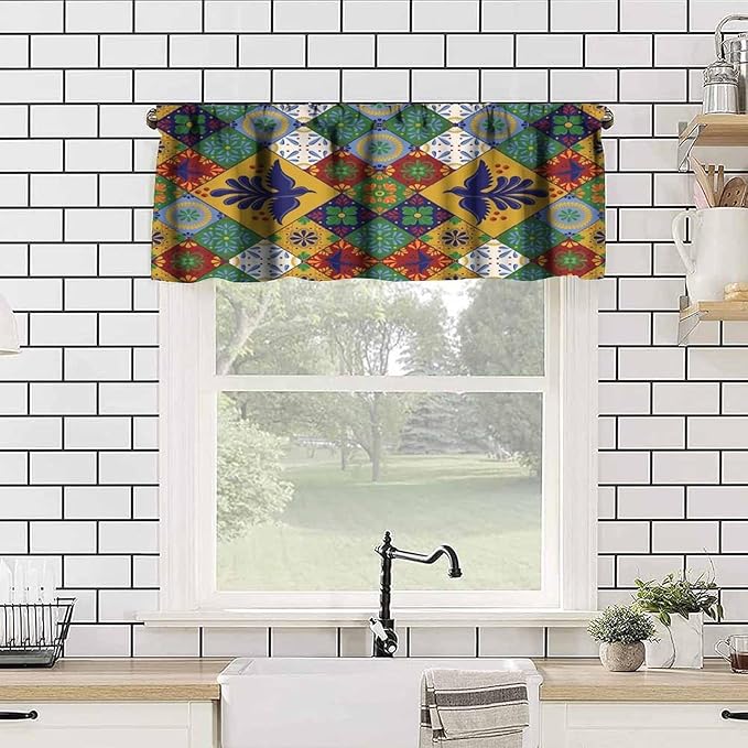 Mexico Fiesta Valance Curtains Mexican Floral Bird Talavera Ceramic Tiles Pattern Window Treatment Valances Short Curtains Rod Pocket Drape for Dining Room Home Kitchen Decor, 54x18inch