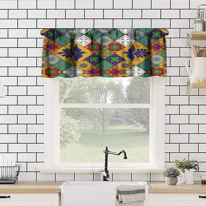Mexico Fiesta Valance Curtains Mexican Floral Bird Talavera Ceramic Tiles Pattern Window Treatment Valances Short Curtains Rod Pocket Drape for Dining Room Home Kitchen Decor, 54x18inch