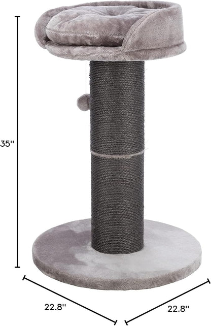 TRIXIE Pepino Cat Scratching Post 35 Inch - Cat Scratcher with Soft Fabric Covering Base and Durable Sisal Rope - with Platform Bed & Dangling Cat Toy - in Gray