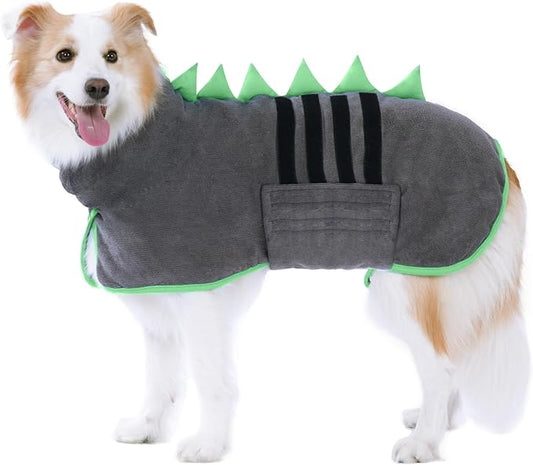 Super Absorbent Dog Bathrobe, Microfiber Bath Robe Towel for Fast Drying, Cozy Fit, Adjustable Belly Strap, Unique Dinosaur Design Dog Drying Coat for Bath, Rainy Walks & Cold Weather