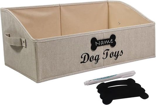 Large Dog Toy Basket Collapsible Dogs Toy Box Fabric Trapezoid Dog Toys Bin Storage for organizing pet Toys/Blankets/leashes/Rope Toys/Clothing-Can be Personalized-KhakiStripe