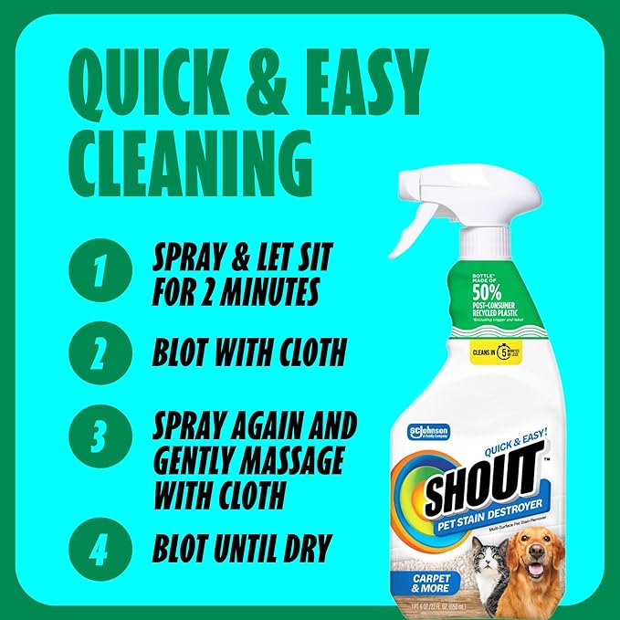 Shout Pet Stain Remover Spray, Color-Safe Multisurface & Carpet Cleaner Solution for Dog & Cat Urine, Feces, Vomit & Mud, Fights Odors & Remarking, Fast-Acting Cleans in 5 Minutes or Less, 22oz