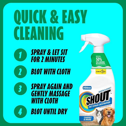 Shout Pet Stain Remover Spray, Color-Safe Multisurface & Carpet Cleaner Solution for Dog & Cat Urine, Feces, Vomit & Mud, Fights Odors & Remarking, Fast-Acting Cleans in 5 Minutes or Less, 22oz