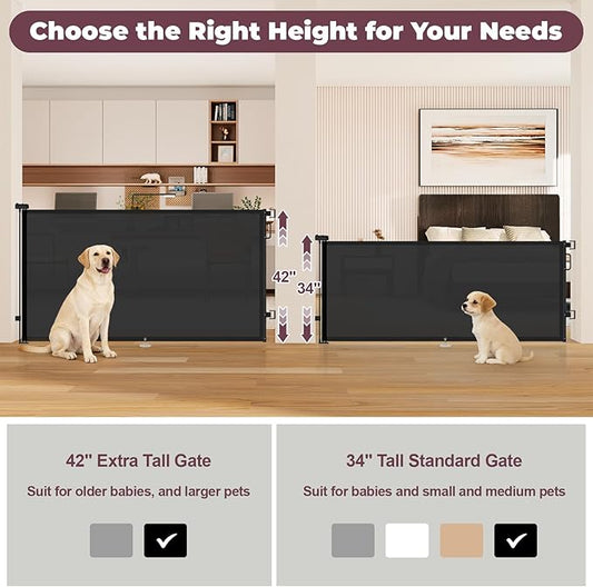 42" Extra Tall Retractable Baby Gates for Stairs, 76" Wide Dog Gate Indoor Outdoor for Doorways Deck Kitchen, Long Mesh Safety Gate for Child Toddler, Prevent Pet from Jumping Over, Black