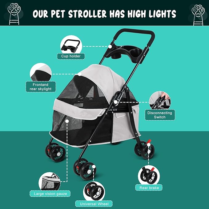 4 Wheels Pet Stroller for Medium Small Dog up to 50lbs, Dog Cat Stroller, Outdoor Travel Pet Folding Strollers, Cat Cage Strollers with Cup Holder, Breathable and Visible Mesh (1 Set-Grey)