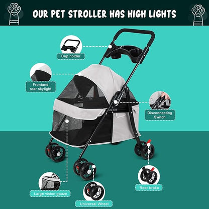 4 Wheels Pet Stroller for Medium Small Dog up to 50lbs, Dog Cat Stroller, Outdoor Travel Pet Folding Strollers, Cat Cage Strollers with Cup Holder, Breathable and Visible Mesh (1 Set-Grey)