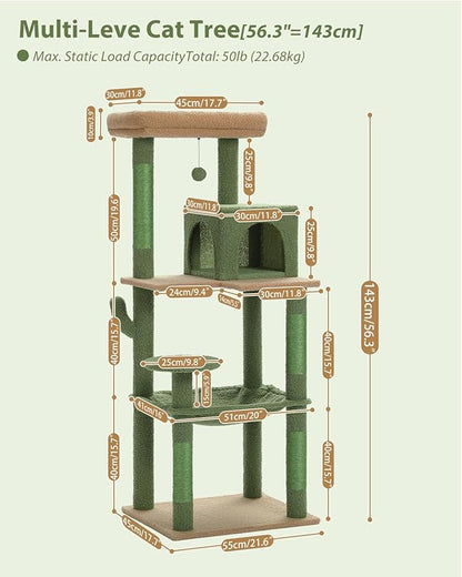 MUTTROS Cactus Cat Tree for Large Cats with Metal Plush Big Hammock, 56.3" Cat Tower for Indoor Cats with 2 Door Condo House, 6-Tier Cat Shelves with Scratching Posts and Large Top Perch,Green