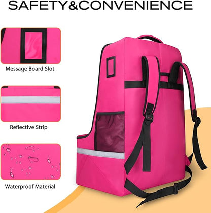 LARIPOP Car Seat Travel Bag for Airplane Gate Check Approved, Padded Backpack with Adjustable Straps, Reflective Strips & Protective Feet for Infant Convertible Booster Seats, Pink