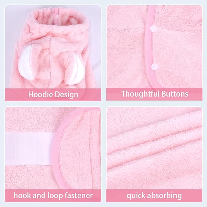 Pet Bathrobe Towel Dog Cat Drying Coat Super Absorbent Cute Dogs Bath Towel Hooded Robe Adjustable Collar & Belly Strap for XSmall to XLarge Pets (Pink, Large)