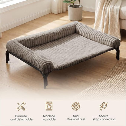 Elevated Dog Bed with Removable Bolster Cushion Mat, Raised Pet Cot for Medium Sized Dog with Breathable & Washable Mesh, Indoor & Outdoor Pet Hammock with Skid-Resistant Feet.