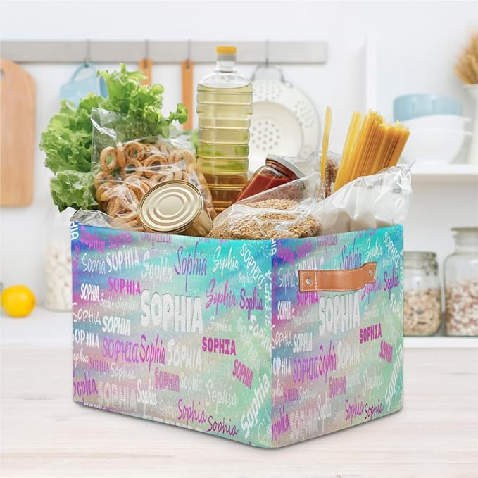 Personalized Kids Toy Box with Name, Custom Nursery Baskets Cubes Box, Kids Custom Storage Basket Laundry Baskets Organizer with Handles, Gradient Green Color Galaxy