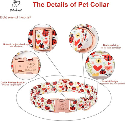 Cute Dog Collar for Large Dogs - Red Ladybug & Blooms Dog Collars, Adjustable Heavy Duty Pet Collar for Dog Moms & Kids with Metal Buckle XL