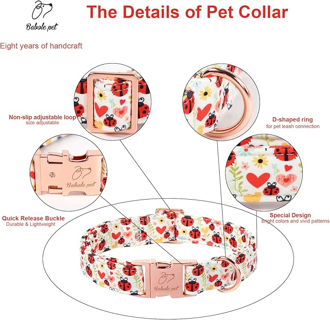 Cute Dog Collar for Large Dogs - Red Ladybug & Blooms Dog Collars, Adjustable Heavy Duty Pet Collar for Dog Moms & Kids with Metal Buckle L