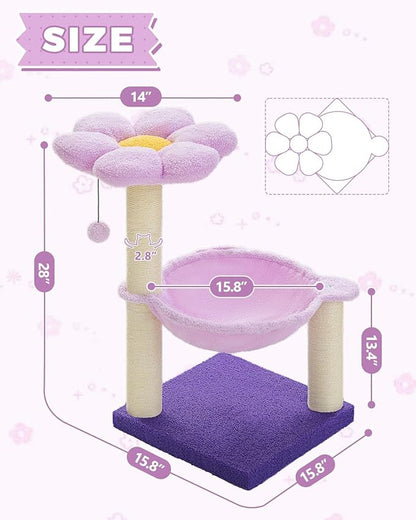 MUTTROS Flower Cat Scratching Post, 28" Cute Cat Tree Tower for Indoor Cats with Large Hammock Soft Perch Bed, Replaceable Toy Ball for Kittens, Purple