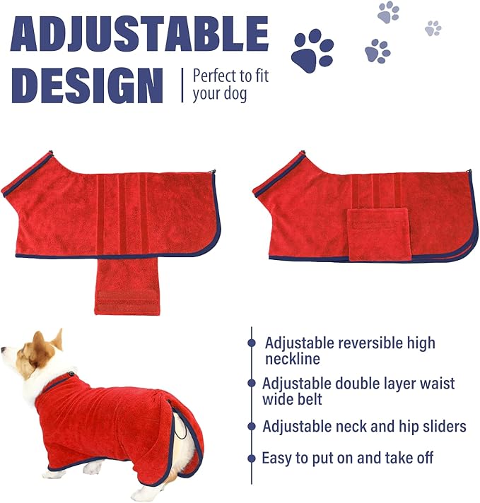 Dog Drying Coat - Fast Drying Dog Towel Robe - Microfiber Super Absorbent Pet Bathrobe, Adjustable Collar Fast Drying Coat Pet Dog Cat Bath Robe Towel (X-Large, Red)