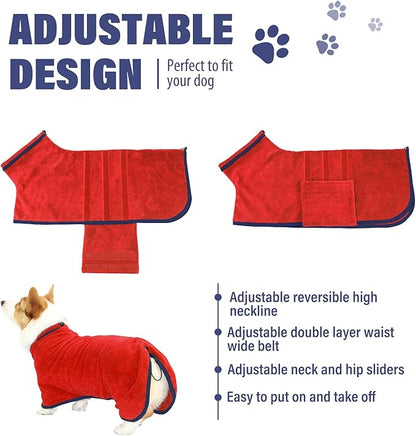 Dog Drying Coat - Fast Drying Dog Towel Robe - Microfiber Super Absorbent Pet Bathrobe, Adjustable Collar & Belly Strap Fast Drying Bath Robe Towel (Large, Red)