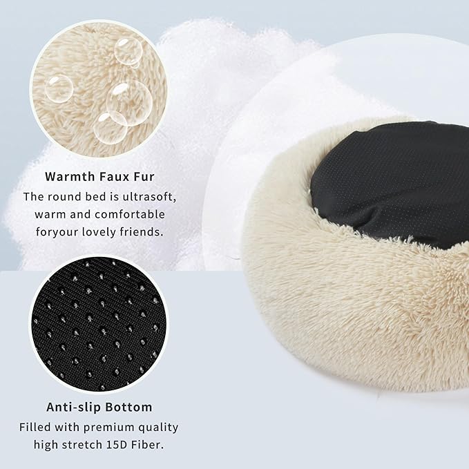 Small Dog Bed White Cream,Calming Dog Bed for Small Dogs,19 inches Donut Fluffy Pet Beds,Anti Anxiety Round Fits up to 10 lbs Soft Warm Pets Beds for Puppy Dogs Indoor
