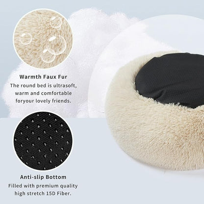 Small Dog Bed White Cream,Calming Dog Bed for Small Dogs,19 inches Donut Fluffy Pet Beds,Anti Anxiety Round Fits up to 10 lbs Soft Warm Pets Beds for Puppy Dogs Indoor