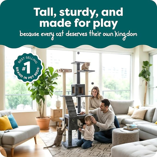 FurHaven 69.3" Tall Cat Scratching Post Tower for Indoor Cats, Sisal Cat Tree with 2 Condos, Tiger Tough Double Decker Playground, Toys & Perches for Cats, Sisal, Silver Gray