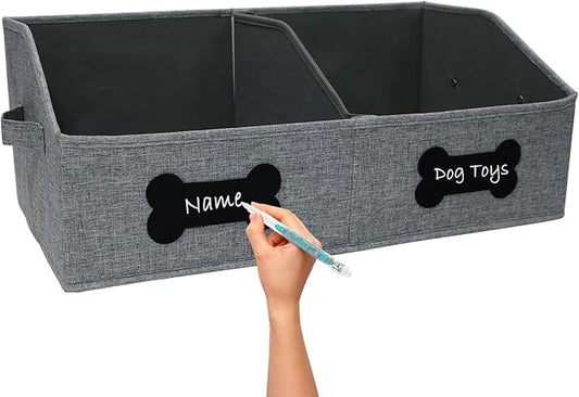 Large Dog Toy Basket,Dog Toy Box for Living Room Area,Collapsible Dog Toy Bin with Divider,Trapezoid Dog Toy Storage-with DIY Tag,Dog Organizer ideal for Pet Toys Blankets Leashes Snack