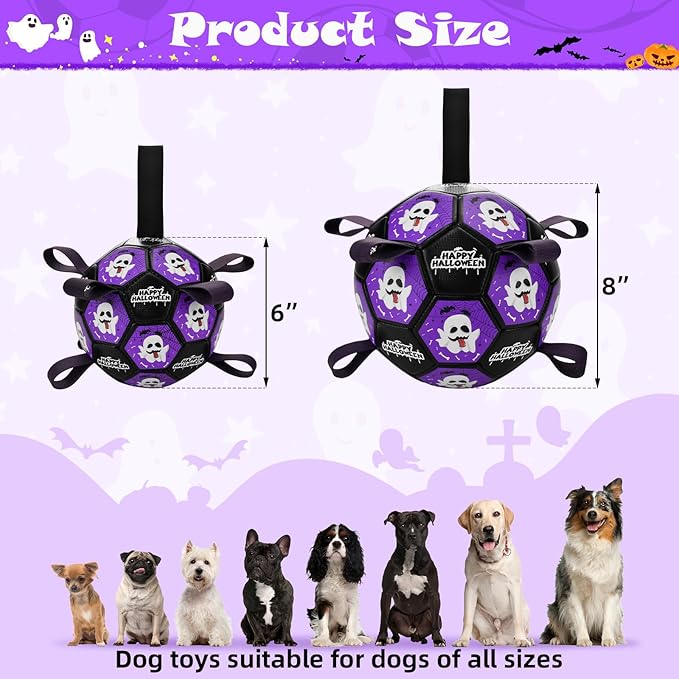 Halloween Dog Toy Halloween Dog Soccer Ball with Straps Dog Interactive Ball Toy Dog Halloween Tug of War Toy Dog Soccer Ball for Small Medium Large Size Dogs (8 inches) M