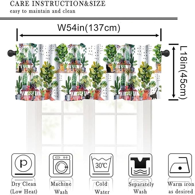 Bohemian Flower Window Valance Curtains, Colorful Boho Floral Black Cats Green House Plants Potted Flower Cactus Valance Curtain for Farmhouse Bedroom Living Room Kitchen 54x18inch