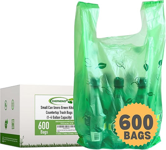 T-shirt Biodegradable Green Plastic Bag (600 ct.) Small Can Liners Thank You Grocery Shooping Size Doggy Poop Bags Compatible with Arm & Hammer Swivel Bin & Rake pooper scooper Multipurpose Bags